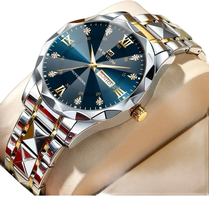 Men's Polygon Business Octagonal Diamond Watch, Waterproof Night Light Dual Calendar, Analog Quartz, Stainless Steel Case,