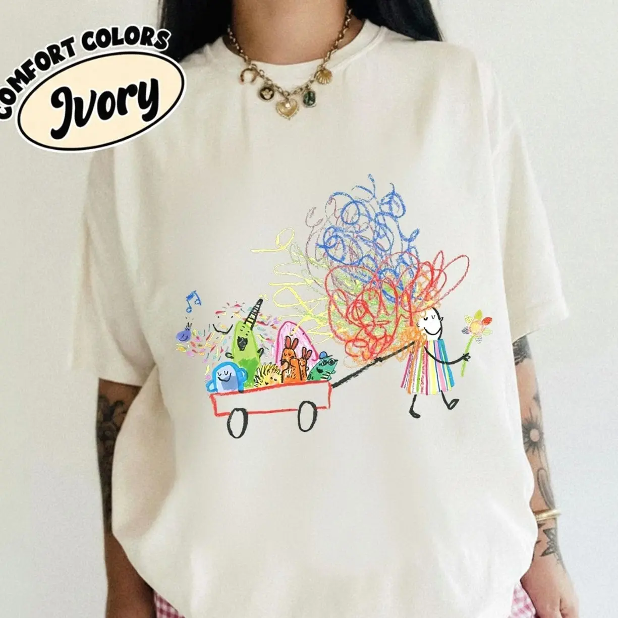 Colorful Scribble Drawing Monster Wagon T-shirt And Baby Tee Cute Crayon Art Person Graphic Shirt, Vintage Kidcore Aesthetic Tee, Indie Abstract Painting Top, Kawaii Creative Aesthetic Clothing, Unique Gift For Art Lovers