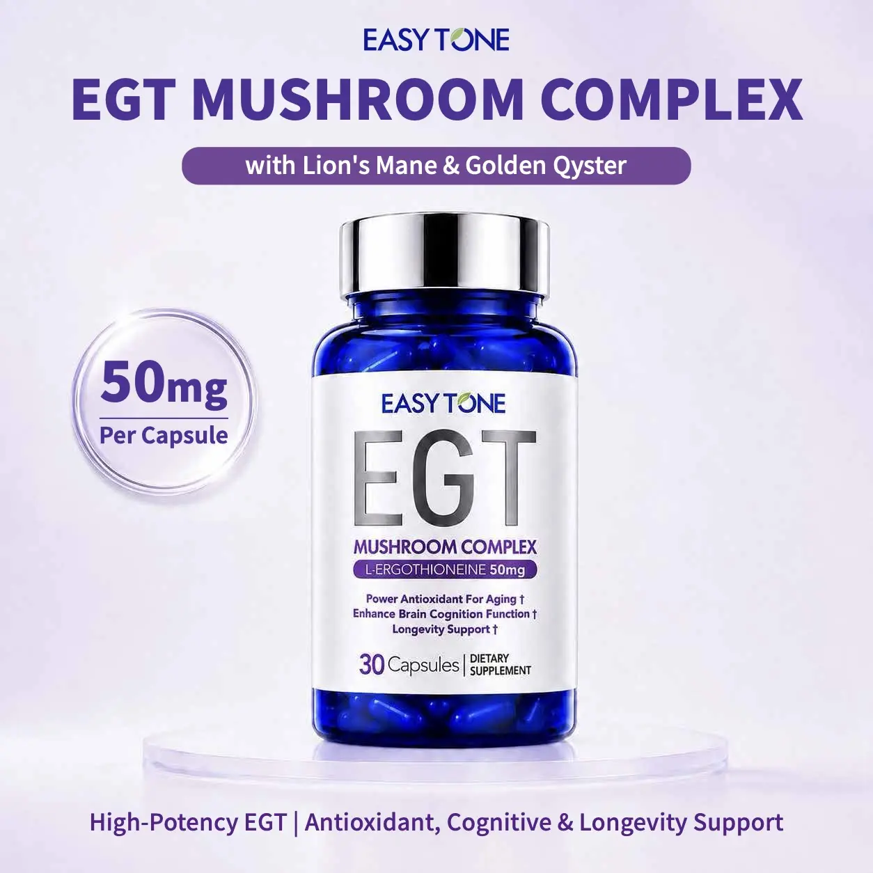 EasyTone EGT Mushroom Complex L-Ergothioneine 50mg – Anti-Aging & Brain Cognition Support (30 Capsules), Lion's Mane + Golden Oyster, NON-GMO, 3rd Lab Test