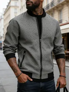 Men's lightweight casual jacket with zipper closure and zipper pocket design, baseball collar sports flight jacket, machine washable, 100% polyester fiber, checkered fabric, suitable for daily outings and formal occasions - Spring and Autumn