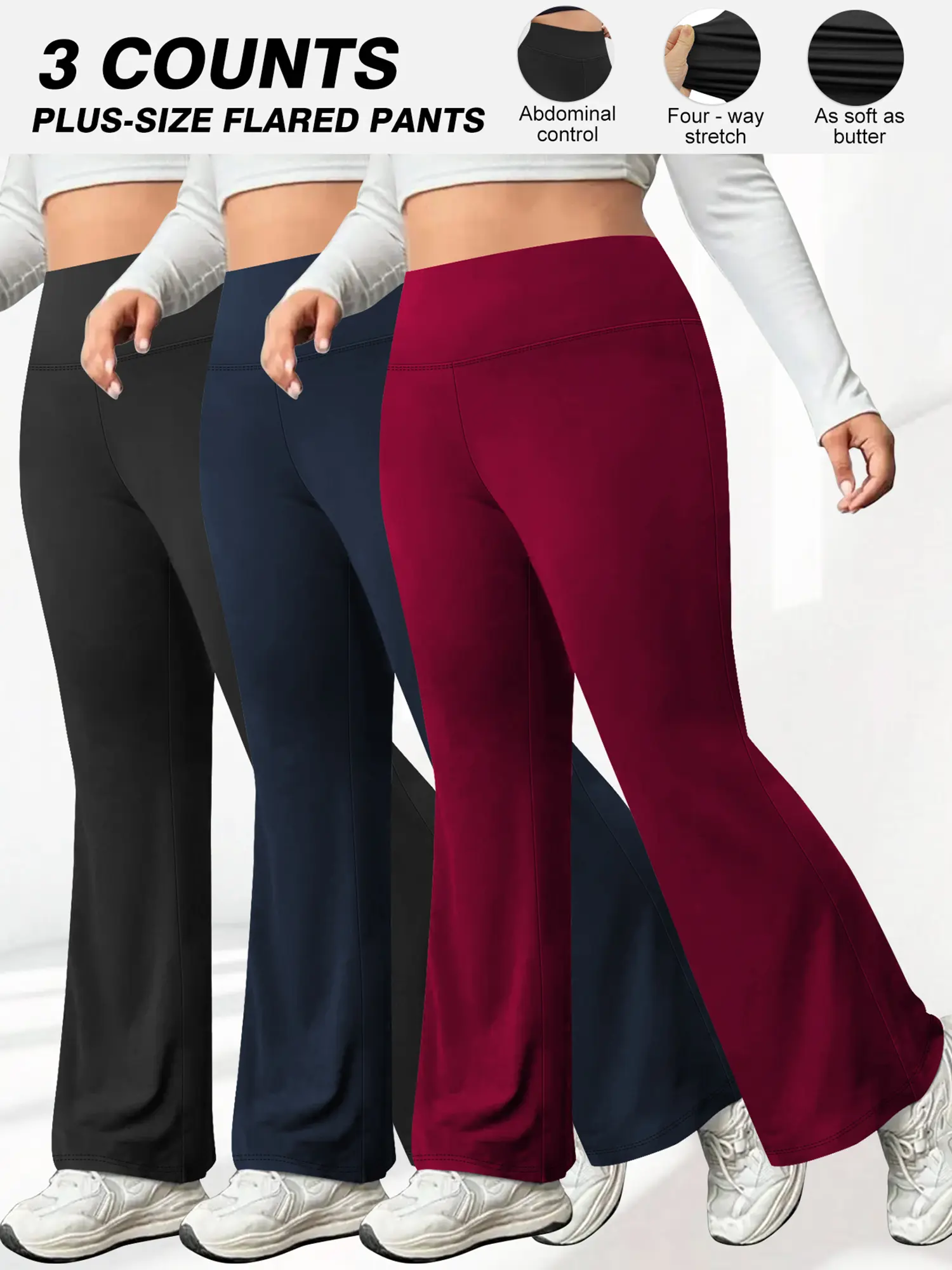 Women's Plus Size Flare Leggings, 3-Pack Buttery Soft Crossover High Waist Yoga Pants with Tummy Control for Workout, Fitness Bottoms, Women's Clothes, Activewear Yoga, Athleisure Fitness Pants, Fitness Trousers