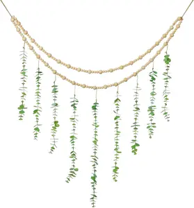 Hanging Eucalyptus Boho Wall Decor Large Boho Bedroom Wall Hanging Wooden Bead Garland Artificial Eucalyptus Natural Greenery Decoration, 36 x 36 Inch
