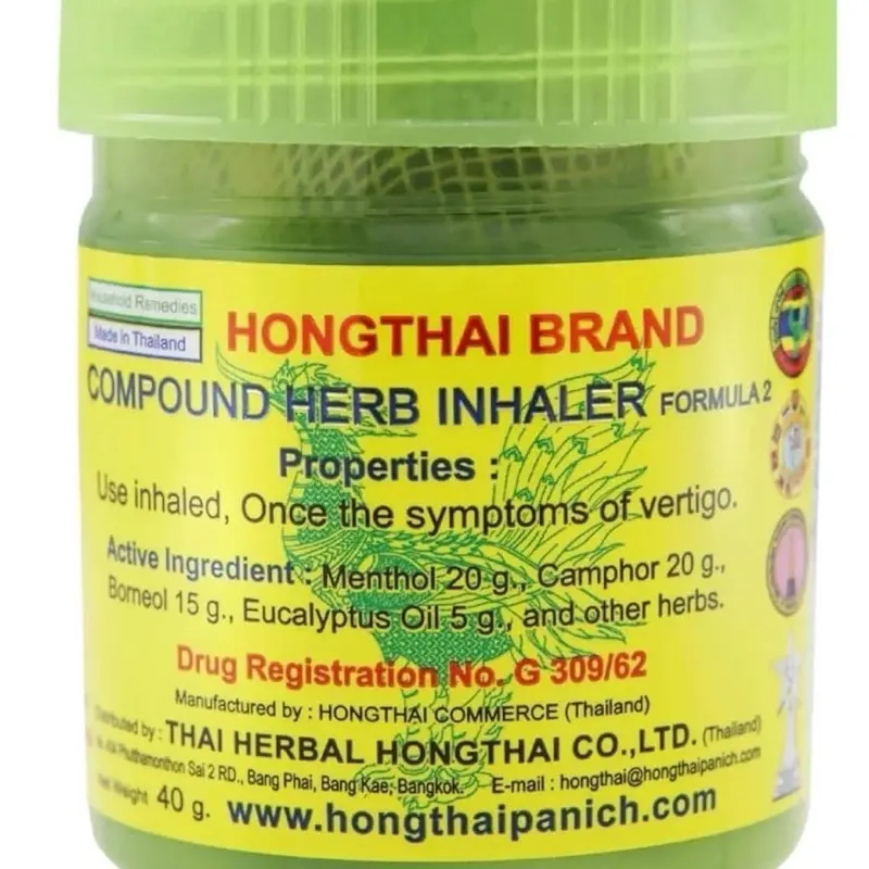 Hong Thai Brand Traditional Thai Herbal Inhaler - 1 Bottle Essential Green Plastic Bottle with 15+ Dried Herbs for Aromatic Inhalation 1.57x2.17 inch