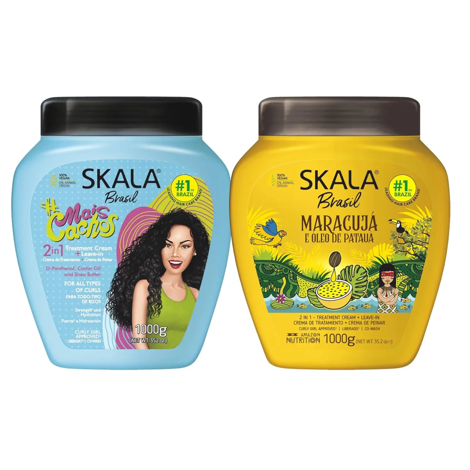 SKALA Hair Type 3ABC - Passion Fruit Yellow & Mais Cachos Blue - Combo Hydrate Curls, Eliminate Anti Frizz, For Curly Hair 2-IN-1 Conditioning Treatment & Cream to Comb Extra Large Size
