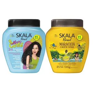 SKALA Hair Type 3ABC - Passion Fruit Yellow & Mais Cachos Blue - Combo Hydrate Curls, Eliminate Anti Frizz, For Curly Hair 2-IN-1 Conditioning Treatment & Cream to Comb Extra Large Size