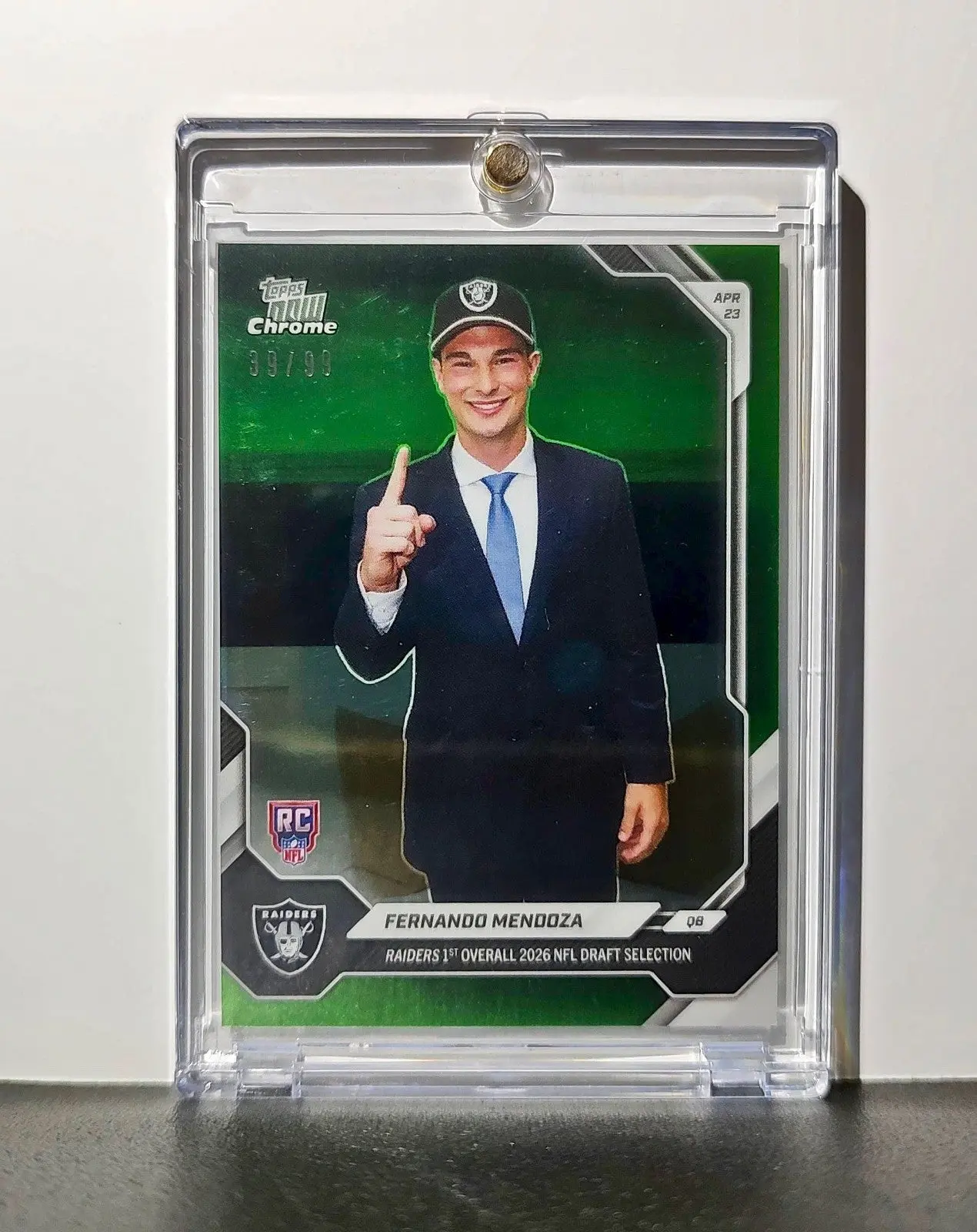 Fernando Mendoza Rookie 2026 Topps Now Draft Night Chrome Green Foil 39/99 Card