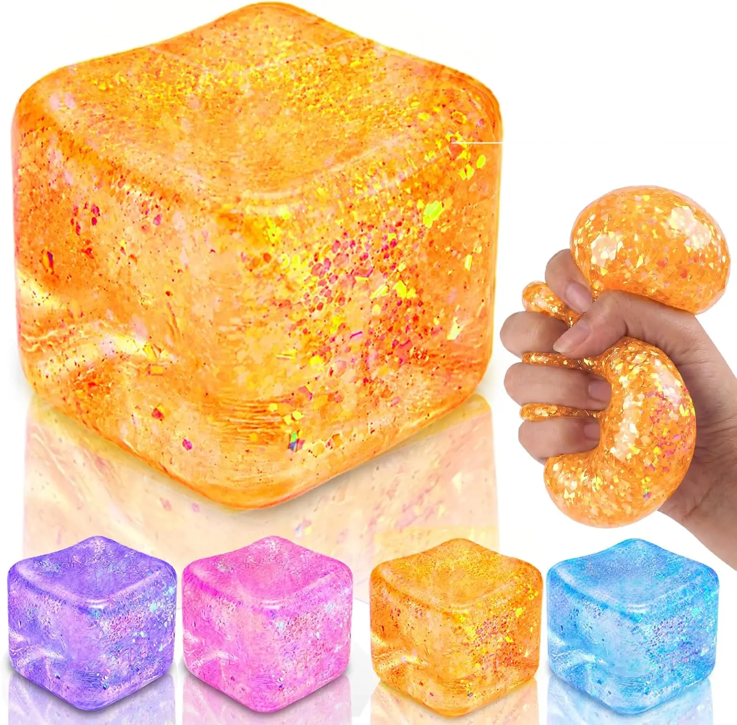 Summer Spring Gift Glitter Ice Cube Squishy Toys – Colorful Slow-Rising Sensory Fidget Stress Balls for Kids & Adults, Soft Squeeze Anxiety Relief Toys, Birthday Gifts & Party Favors