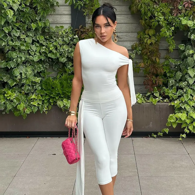 Women's Sexy 2-Piece Going Out Outfit, Slanted Neck Lacing Sleeveless Top with Knot Detail & High Waist Cropped Pants for Summer Party Club