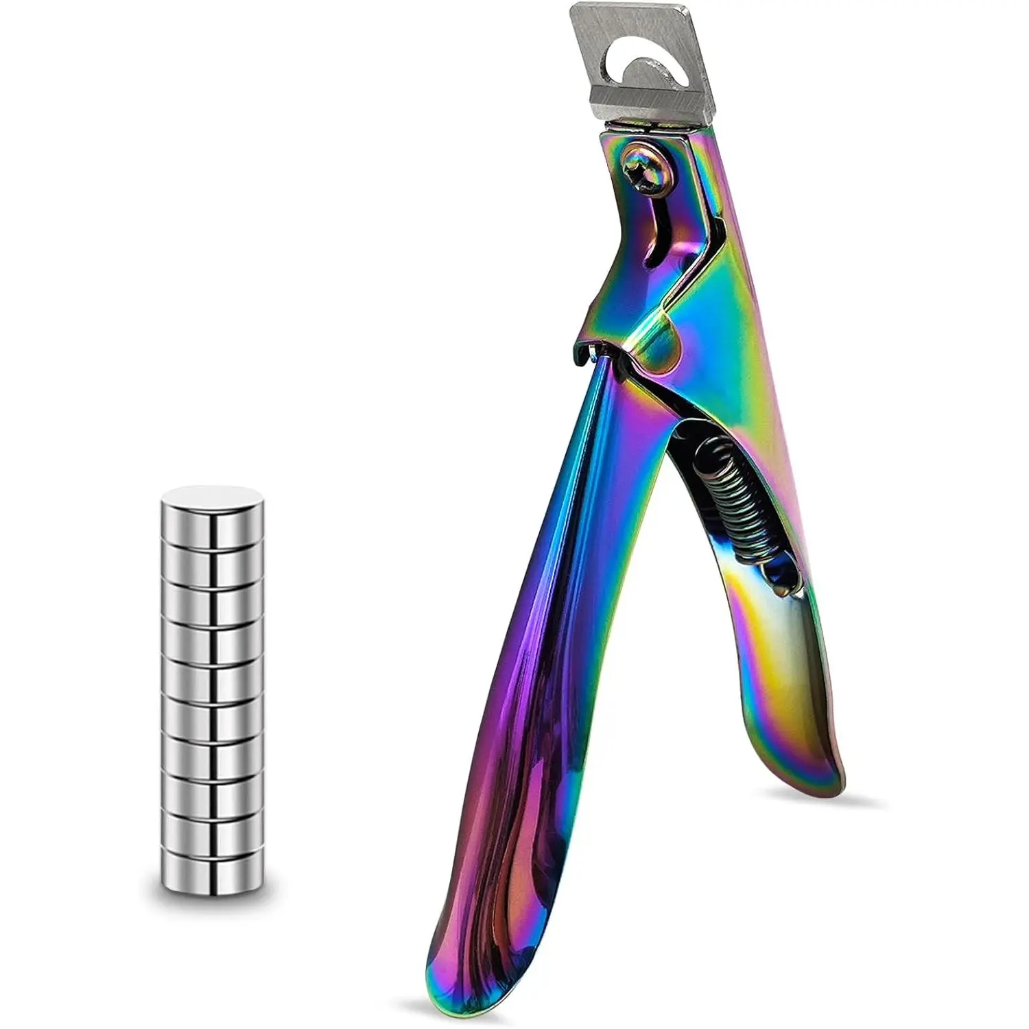 Acrylic Nail Cutter with Magnet Sizer & Length Measurement,Adjustable Stainless Nail Trimmer for Salon Home Nail Art, Professional Nail Clippers for Precise Manicures (Rainbow)