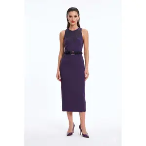 Purple Sleeveless Crew Neck Backless Lace Belted Bodycon Evening Midi Dress