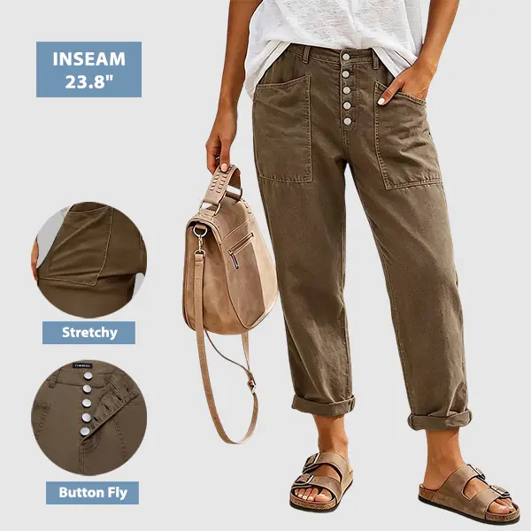 Flamingals Solid Patch Pocket Button Fly Mid Rise Straight Leg Crop Pants Womenswear Stretchy 23.8" Inseam