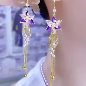 LisiZen Elegant Tassel Purple Flower Long Drop Earrings, Light Luxury Versatile Fashion Jewelry DZEH4710