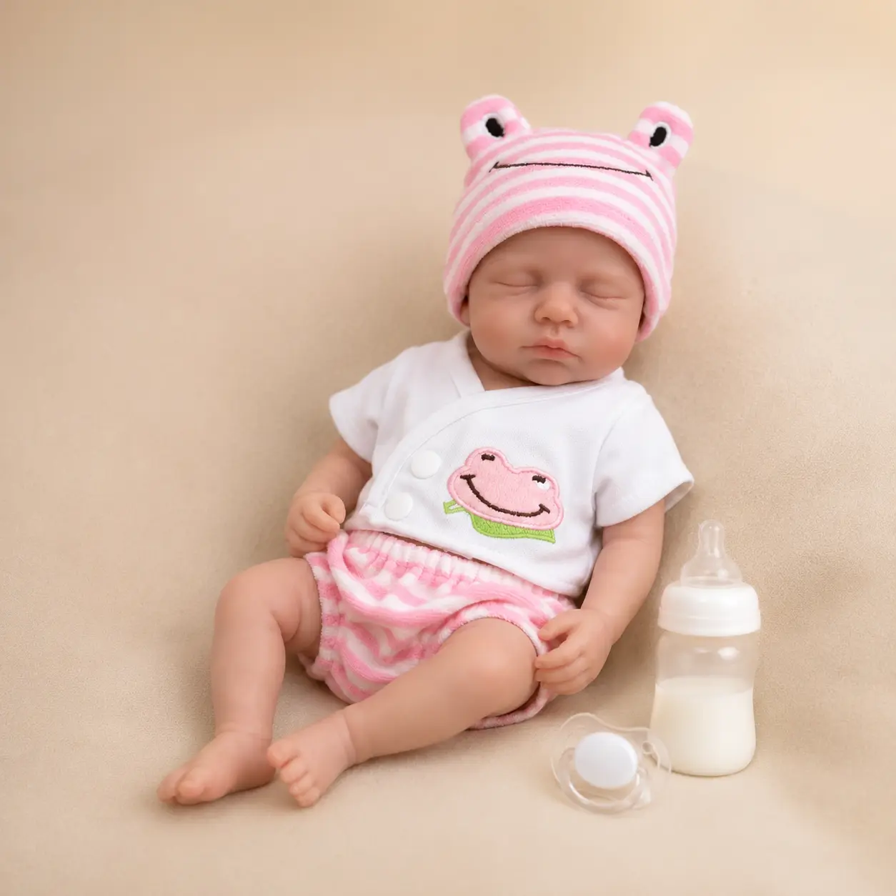 Realistic Solid Silicone Reborn Baby Doll, Sleeping Newborn Doll with Pink Frog Outfit, Bottle & Pacifier Included