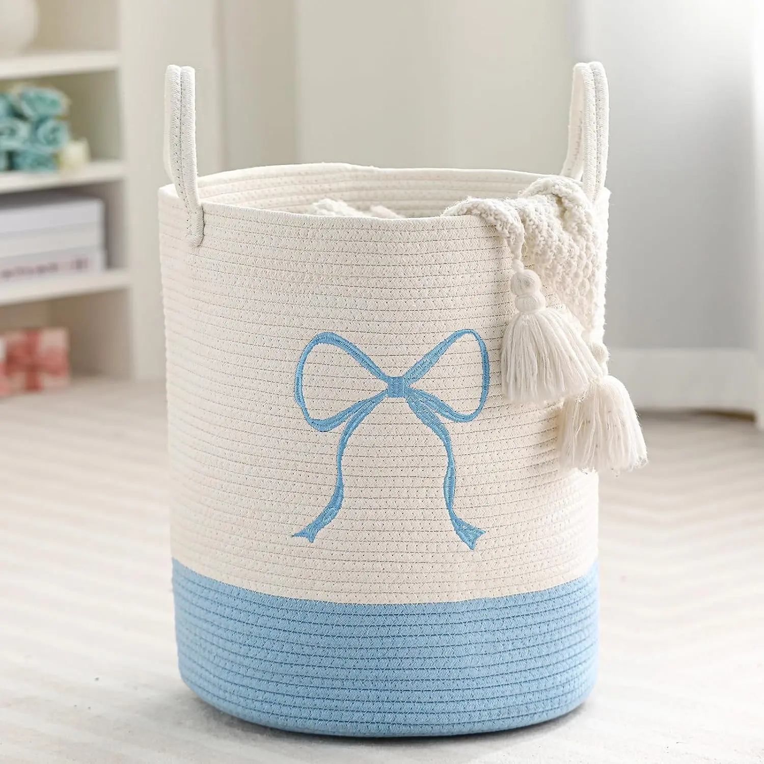 Coquette Bow Cotton Rope Laundry Hamper - 15x17.7" Large Size Home Organizer, Toy Storage for Clothes/Blankets, Ideal for Teens' Rooms