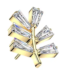 Gold PVD Fern Leaf Clear CZ Titanium Threadless Top