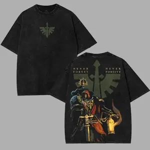 Warhammer 40K Dark Angels Black Templars Board Strategy Game Movie Art Double-Sided Washed Unisex T-Shirt - Wargame Fan Casual Gamer Cotton Graphic Tee Lover Streetwear Video Game Acid Wash Tee
