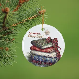 Season’s Greetings – Cozy Christmas Book Stack Design Ceramic Ornament