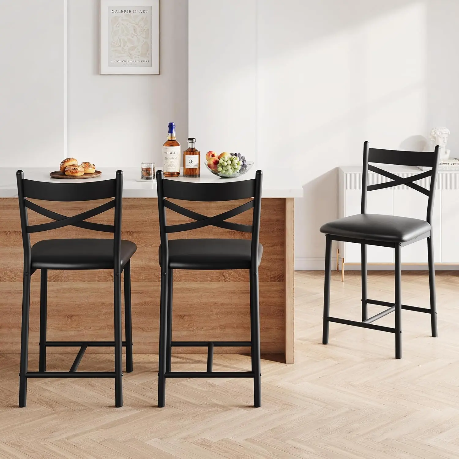 Garvee Set of 2 Counter Height Bar Stools – 22-Inch Upholstered Chairs with Ergonomic Back Support & Thick Cushion, Comfortable Seating for Kitchen Island, Apartment Bar, Black