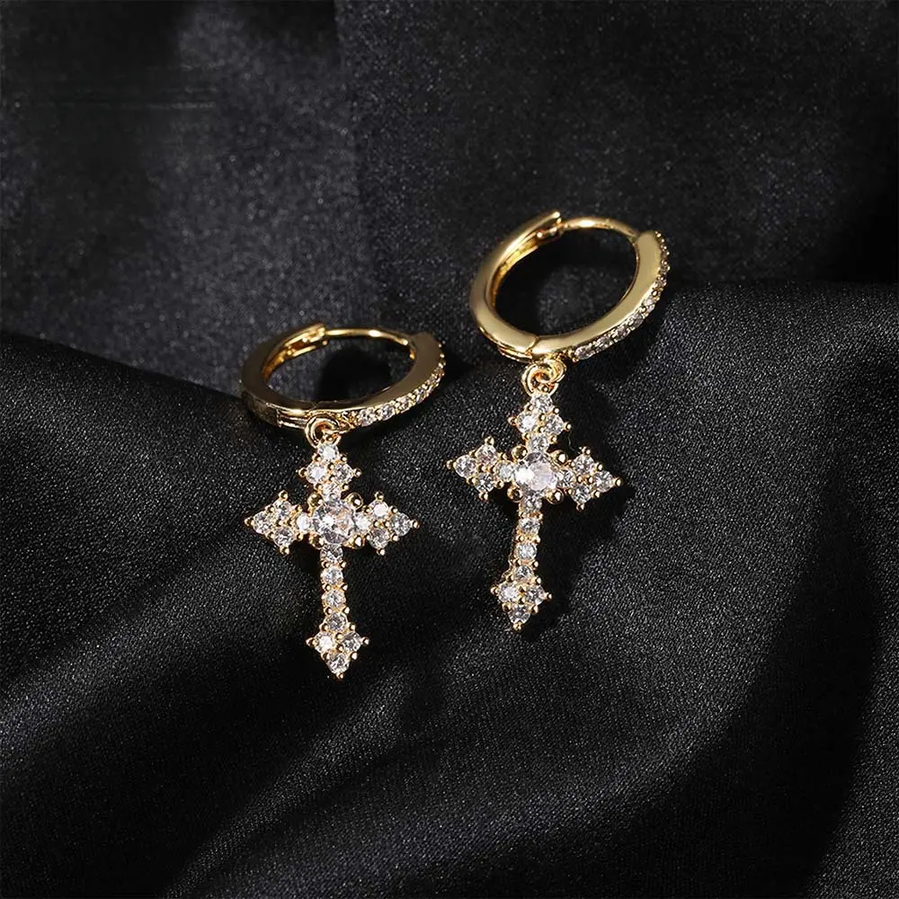 Micro Pave 5A Zircon Cross Charm Earrings, Hip Hop Style Jeweled Pendant for Unisex Fashion, Hip Hop Earrings