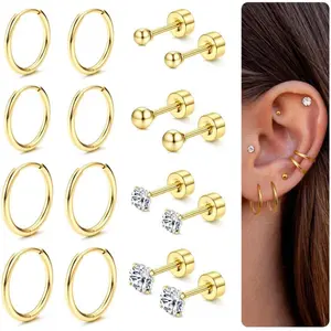Sanfenly 8 Pairs 14K Gold Plated 316L Surgical Steel Earrings Set, CZ Round Studs & Huggie Hoops Hypoallergenic Cartilage Piercing Jewelry