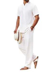 COOFANDY Men's 2 Piece Cotton Sets Casual Short Sleeve Henley Shirts and Beach Pants with Pockets Summer Vacation Outfits