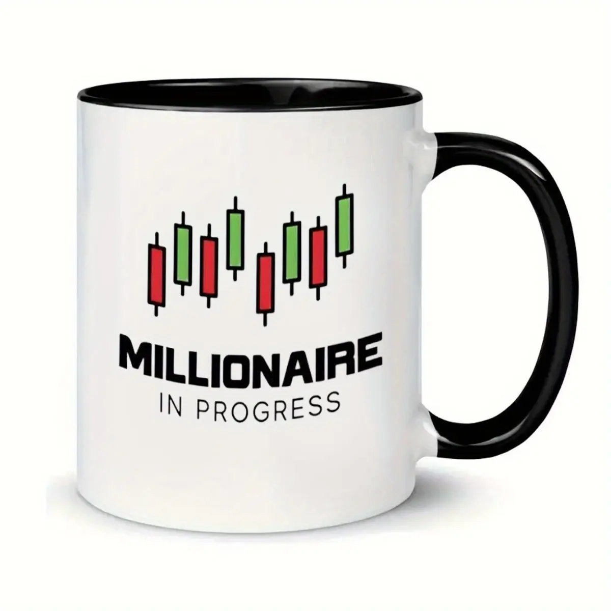 1pc 11oz Ceramic Travel Coffee Mug - White with Black-Red Candlestick Chart, Millionaire in Progress Stock Market Design, Bold Typography, Washable, Dishwasher Safe, Ideal Gift for Finance Enthusiasts, Office Drinkware, 11.16Oz