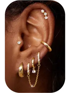 6Pairs Gold/Silver Earrings for Women Hypoallergenic Earrings Ear Studs Steel Cubic Zirconia Stud Huggie Hoop Cartilage Earring Set Chain Dangle Helix Hoop Earring Stack for Multiple Piercings