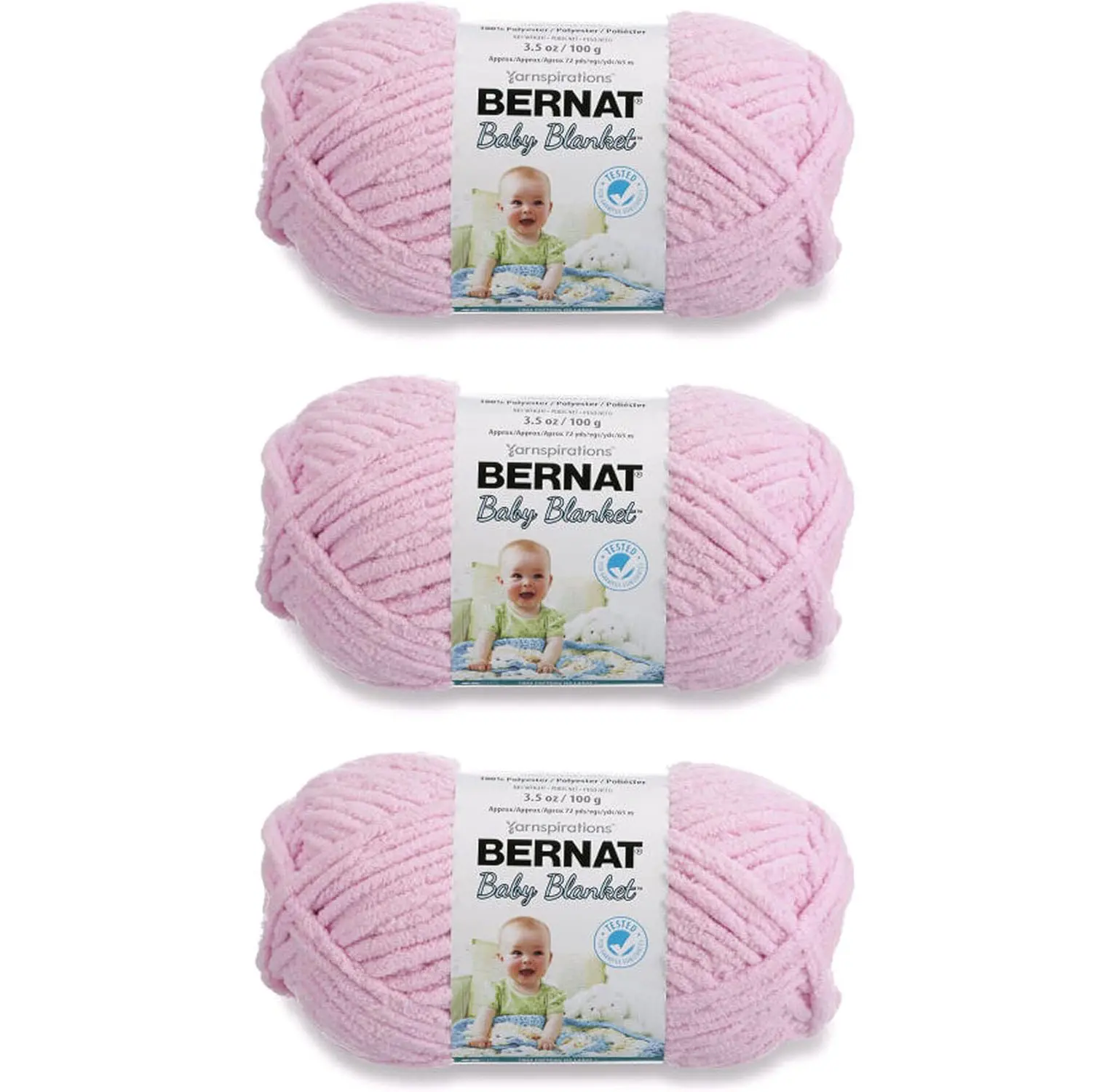 Bernat Baby Blanket Yarn - Baby Pink, 3-Pack (100g/3.5oz Each), Polyester, 6 Super Bulky, 72 yds, Softness, 13 Rows, 6.5 mm Crochet Hook, for Knitting & Crafting