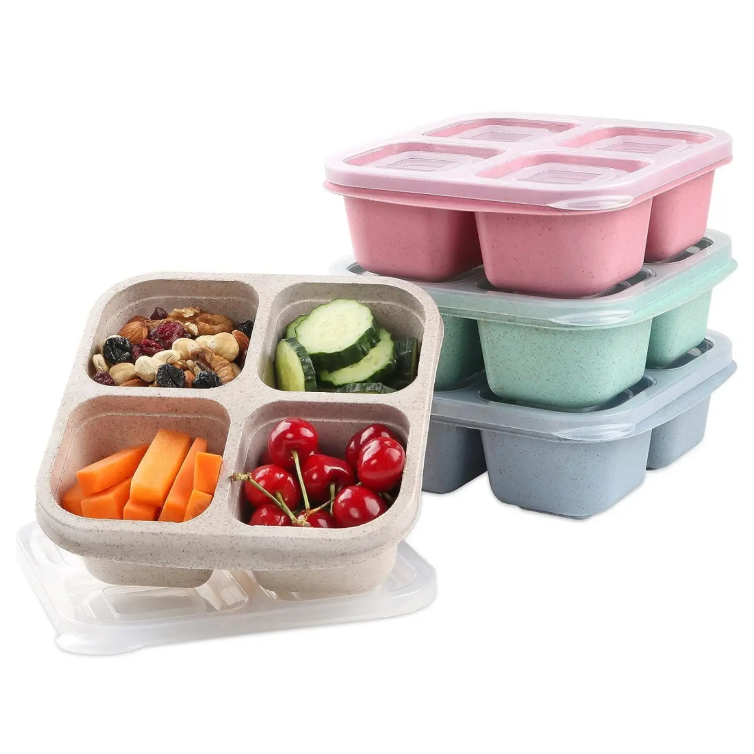 Snack Containers with Lids for Meal Prep - 4 Compartments, 1/2 Cup Each - Stackable Bento Style Food Storage for Lunch, School and Travel