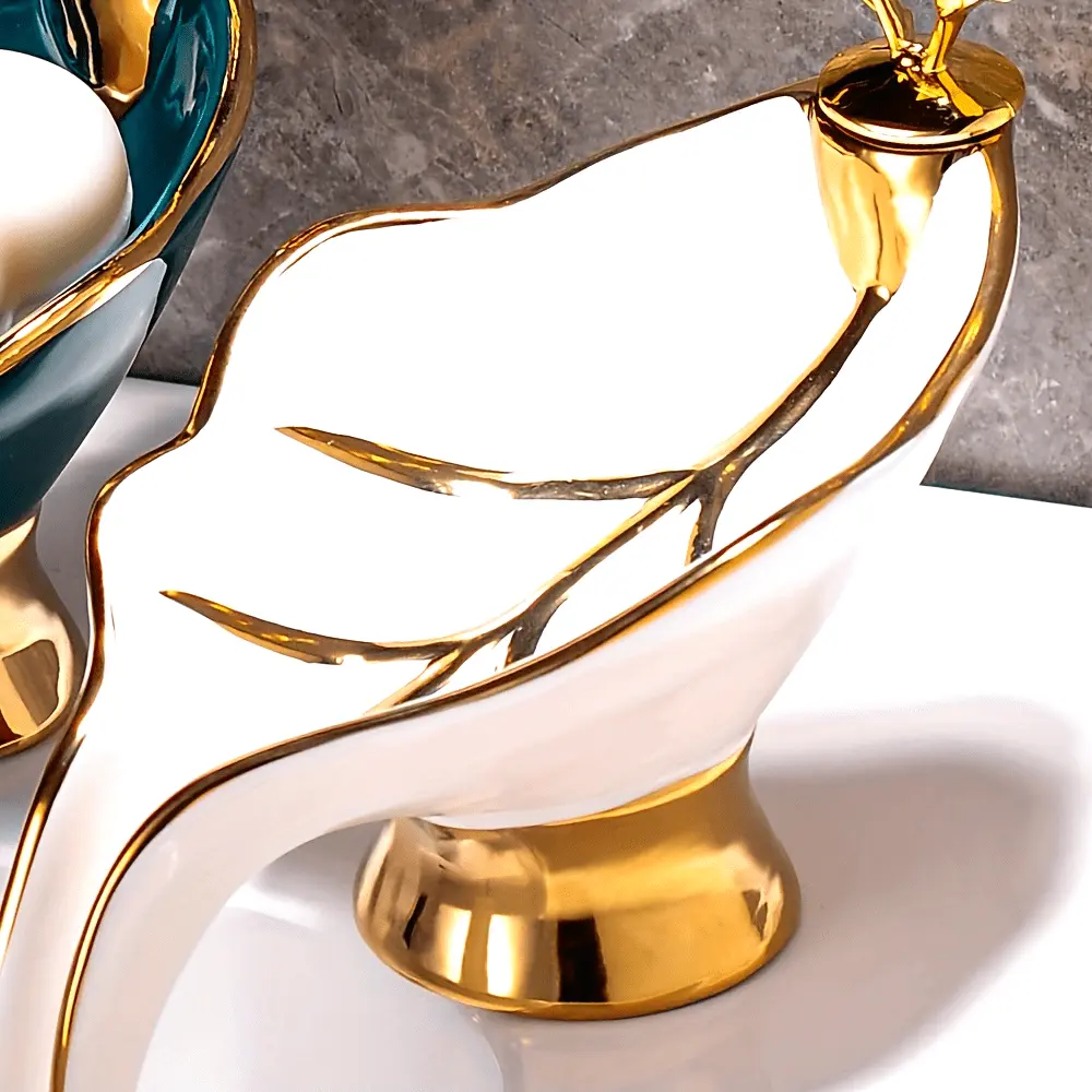 1pc Ceramic Self Draining Leaf Shaped Soap Dish - Soap Rack For Bathroom, Sink Soap Storage Rack, Bathroom Accessories, Home Decor