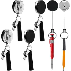 4 Pack 35" Steel Wire Heavy Duty Retractable Pull Pen Pencil Holder with Flexible Pen Holder & Metal Spring Clip for Carpenters & Construction Workers