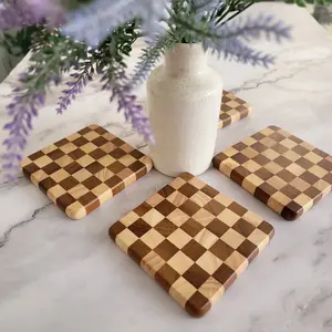 Checkered Coaster Set of 4. Handmade Wooden Check Pattern Coffee Table Coasters, Bar Coasters.