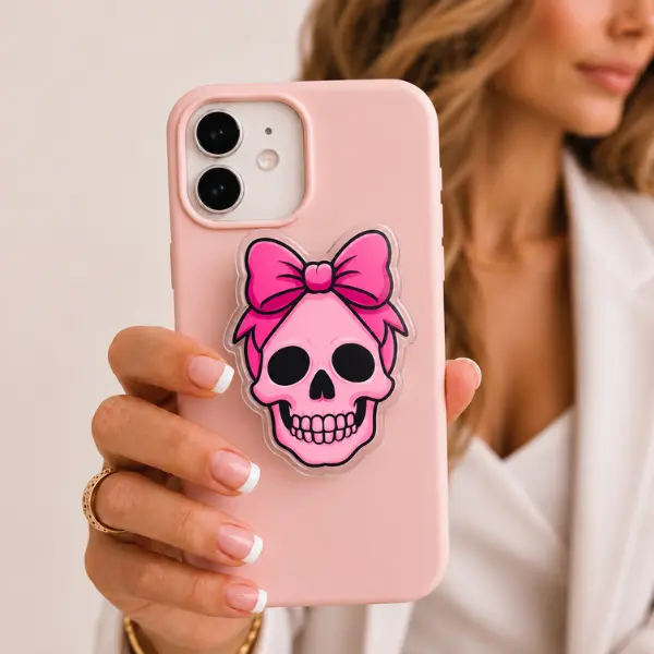 Pink Cartoon Skull MagSafe Phone Grip, Coquette Bow Skeleton Magnetic PopSocket, Spooky Cute Phone Holder, Gift for Her