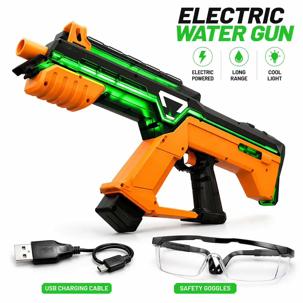 Skirfy LED Light-Up Electric Water Blaster Toy - 39 Ft Range, Pool & Beach Outdoor Party Toy, Includes Goggles & Battery
