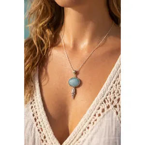 Natural Aquamarine Pendant Necklace in Sterling Silver with Shell Accent – 16"