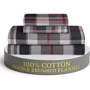 Flannel  Sheet Set, 4 count Brushed  Flannelette Flat Sheet, Winter Fitted Sheet, Heavy Weight Bedding, 16" Deep Pocket, 2 Pillow Cases (Red Plaid)