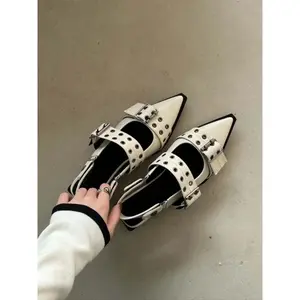 Women's French Style Stylish Classy Elegant Evening Wind Mary Jane Shoes, Pointed Toe Leather Strap Single Shoe, Thick Sole Chunky Heel Sandals