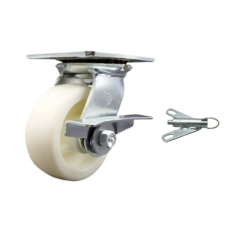 Service Caster SCC-35S520-NYR-SLB-BSL Heavy Duty Large Top Plate Nylon Swivel Casters, 5 x 2 in. White Wheel, Side Lock Brake, Bolt-On Mount, 900lb Capacity, Chemical Res., Maintenance Free, Smooth Sliding for Carts/Equipment