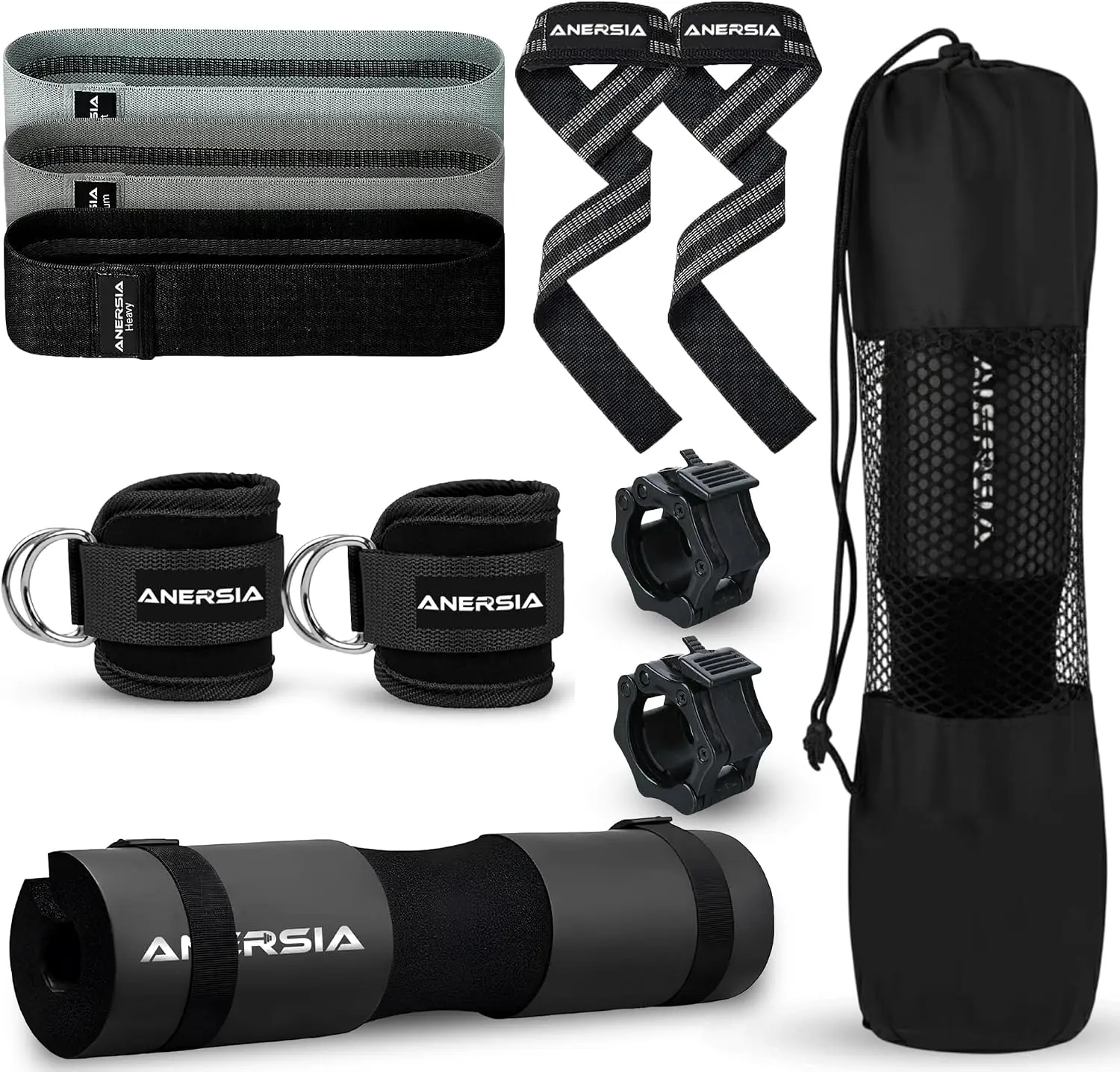 10-in-1 Barbell Pad Kit for Squats, Hip Thrusts - Weightlifting Accessories with Resistance Bands, Lifting Straps, Ankle Straps, Barbell Clamps for Home Gym