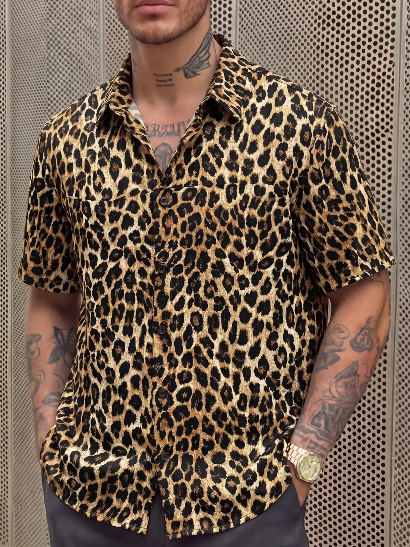Men's Casual Fashion Wear Multicolor Leopard Print Woven Fabric Shirt Top With Shirt Collar Short Regular Sleeves And Regular Length Men Cuban Shirt Men's Vaca Shirts Cheetah Print Men Shirt Men Leopard Shirt Men Party Shirt Casual Collared Shirt