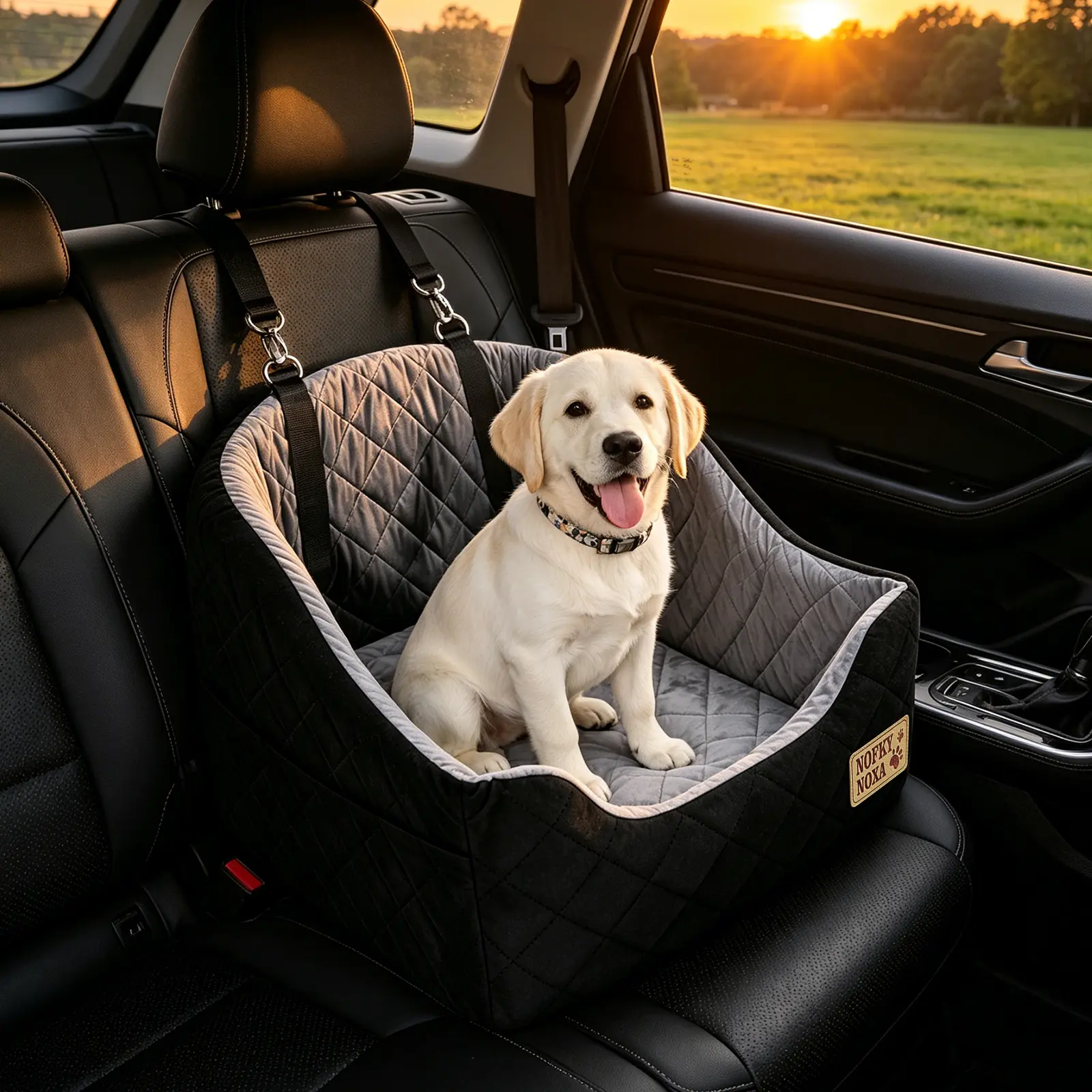 BOFNL Dog Car Seat - 7-Inch Raised Memory Foam Cushion for Medium & Large Dogs (Up to 107 lbs) with Pet Blanket, Washable Cover, Safety Harness, Non-Slip Base, Safety Leash & Storage Bag