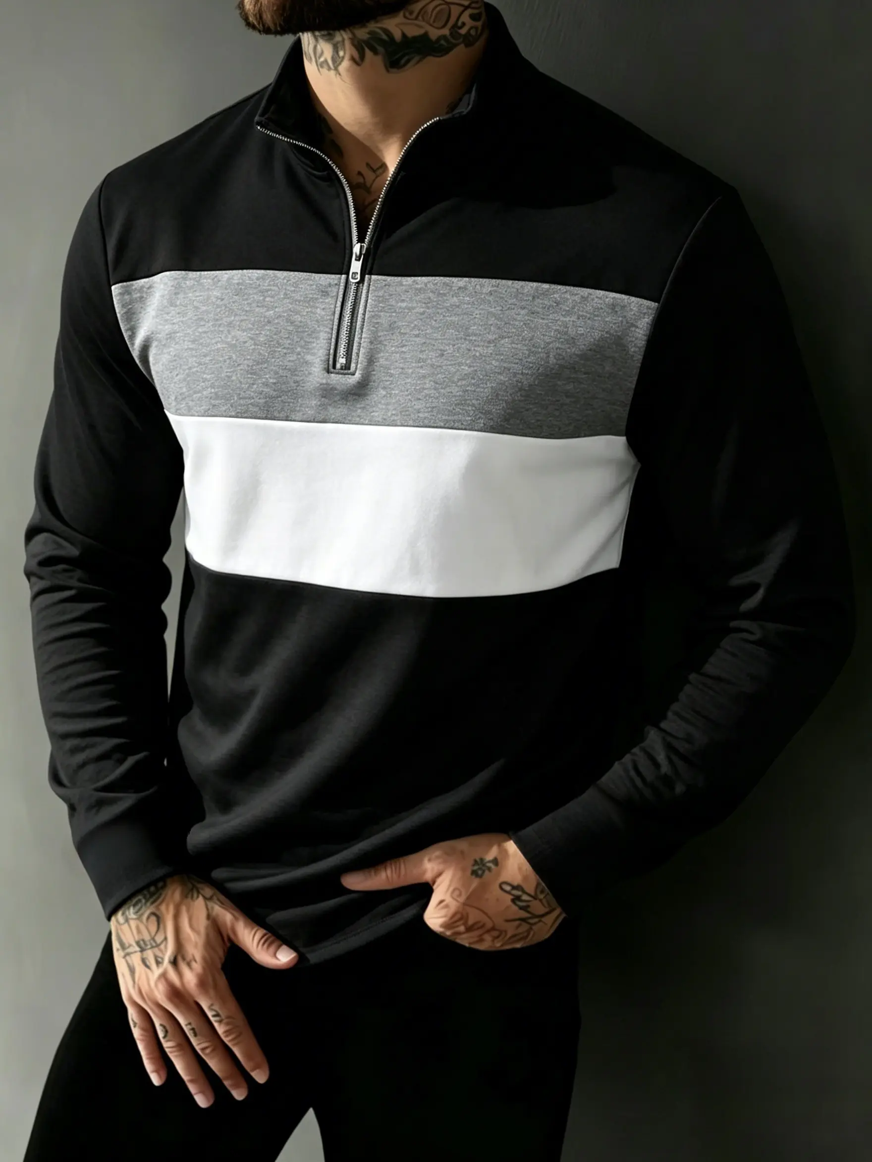 Men's Quarter Zip Polo Shirt Long Sleeve Color Block Pullover Casual Golf Shirt Stand Collar Sweatshirt Tops