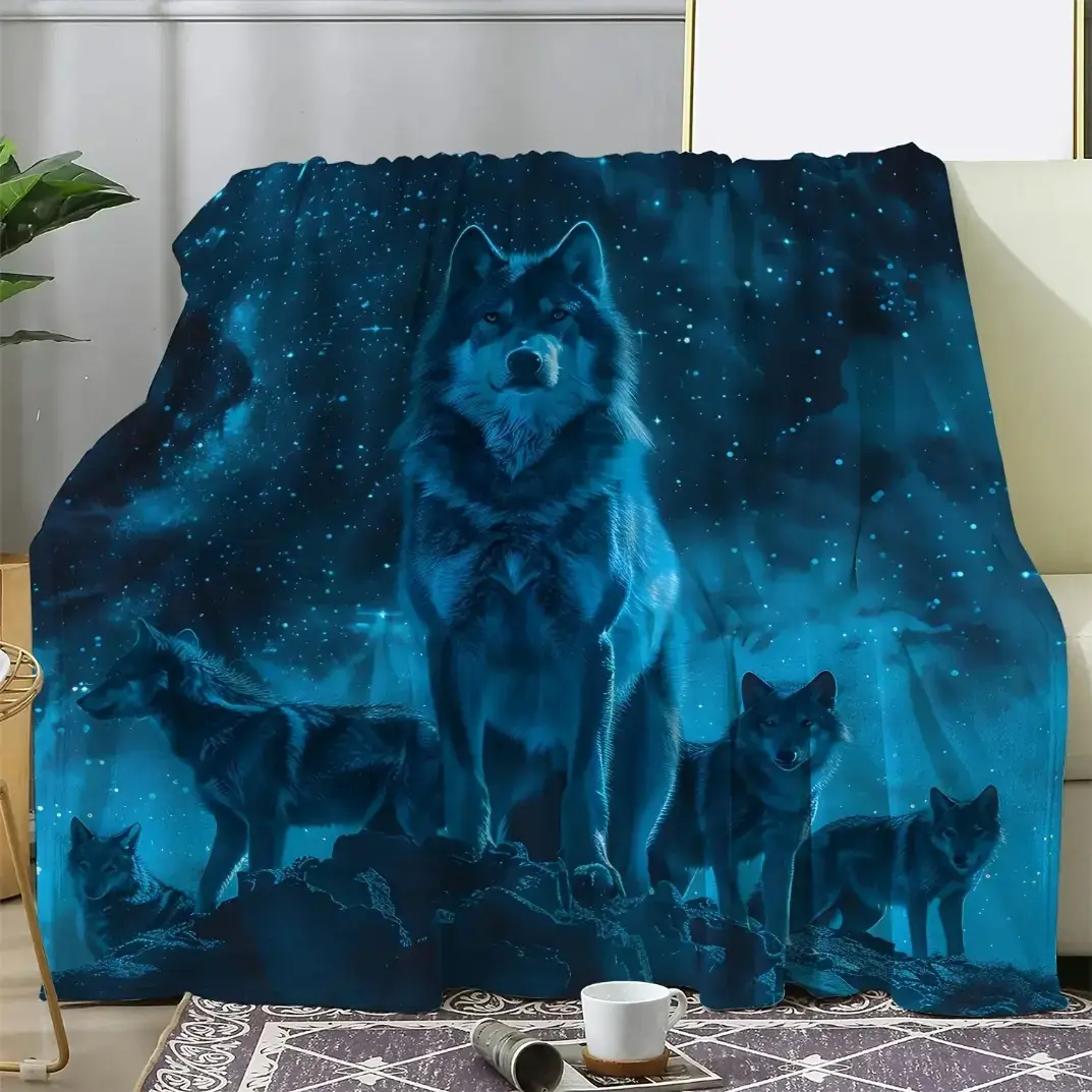 Super Soft Retro Wolf King and Starry Sky Printed Flannel Blanket, Wildlife Fleece Throw Blanket for Adults & Kids, Cozy Warm Plush Blanket for Sofa Bed Couch Office Travel, All Season Home Decor Gift, Nature Animal Lover Blanket