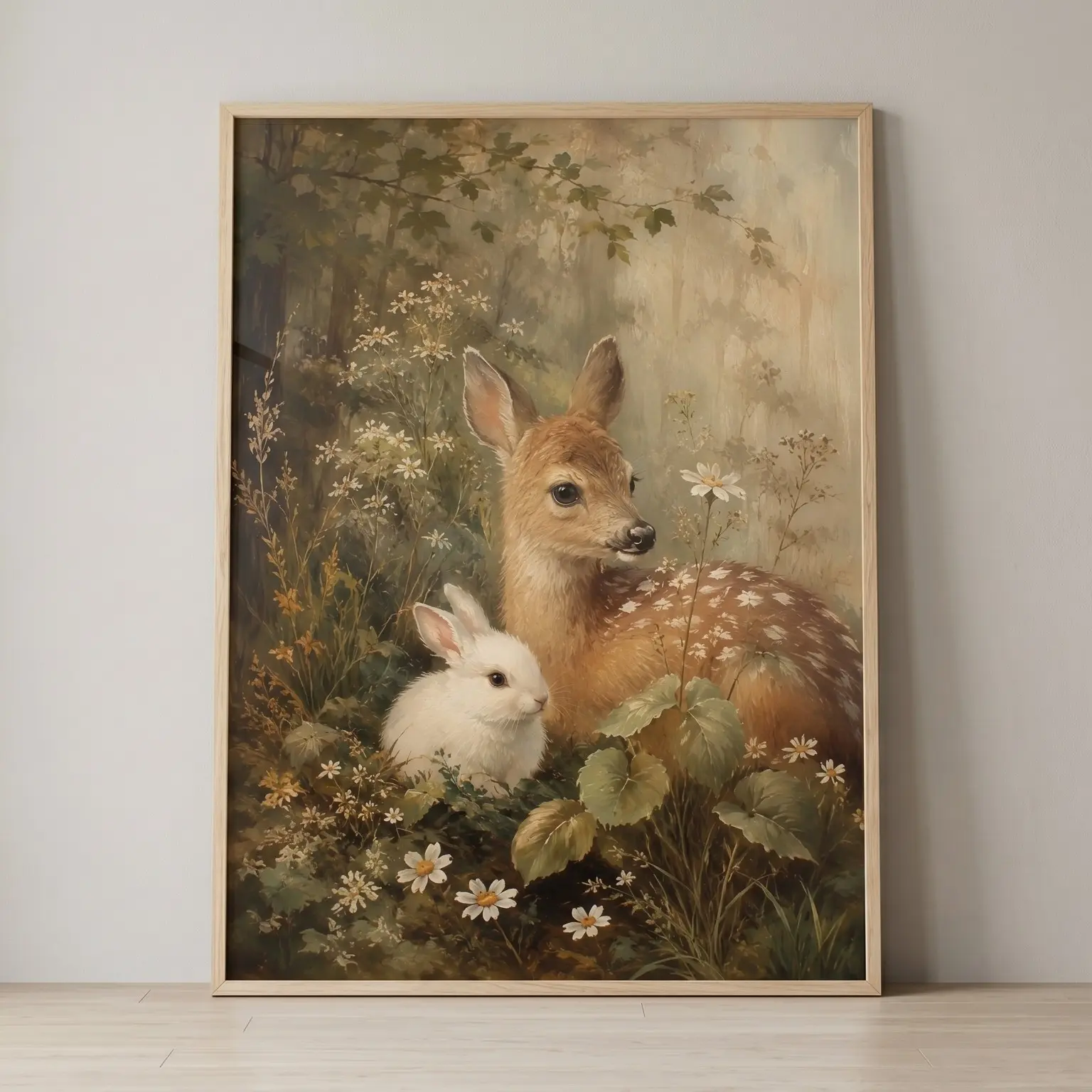Unframed Vintage Woodland Animals Poster, Deer Bunny Nursery Wall Art Print, Cottagecore Aesthetic Nature Home Decor for Living Room Bedroom Kids Room