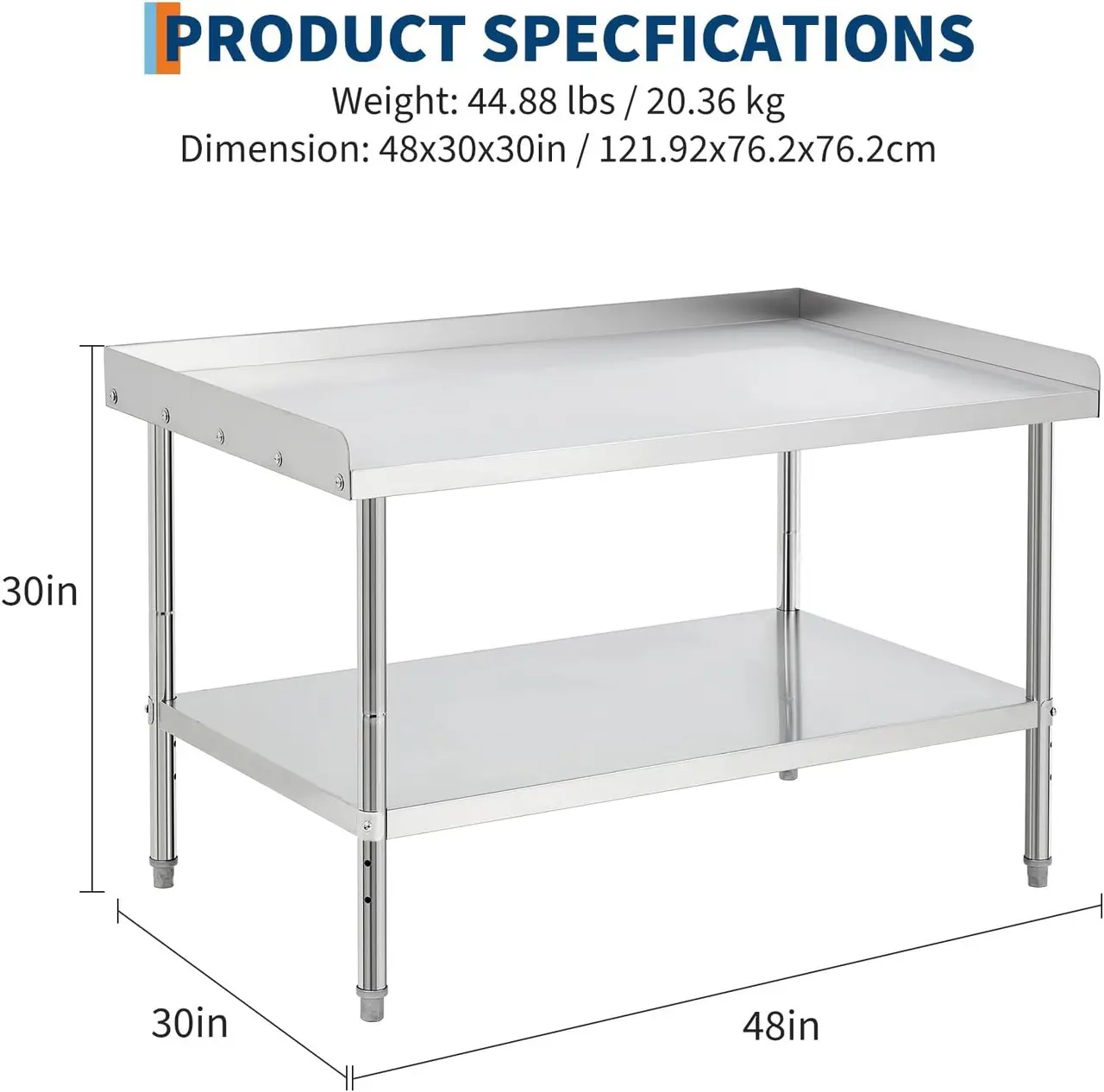 Gaomon 2-Layer Heavy Duty Stainless Steel Outdoor Grill Table - 48x30in NSF Certified Corrosion Resistant Food & Beverage Prep Table with Removable Spill-Proof Splashguard, Adjustable Shelf, Rounded Edges, Sturdy Frame, Outdoor Kitchen Workstation, No, Fa