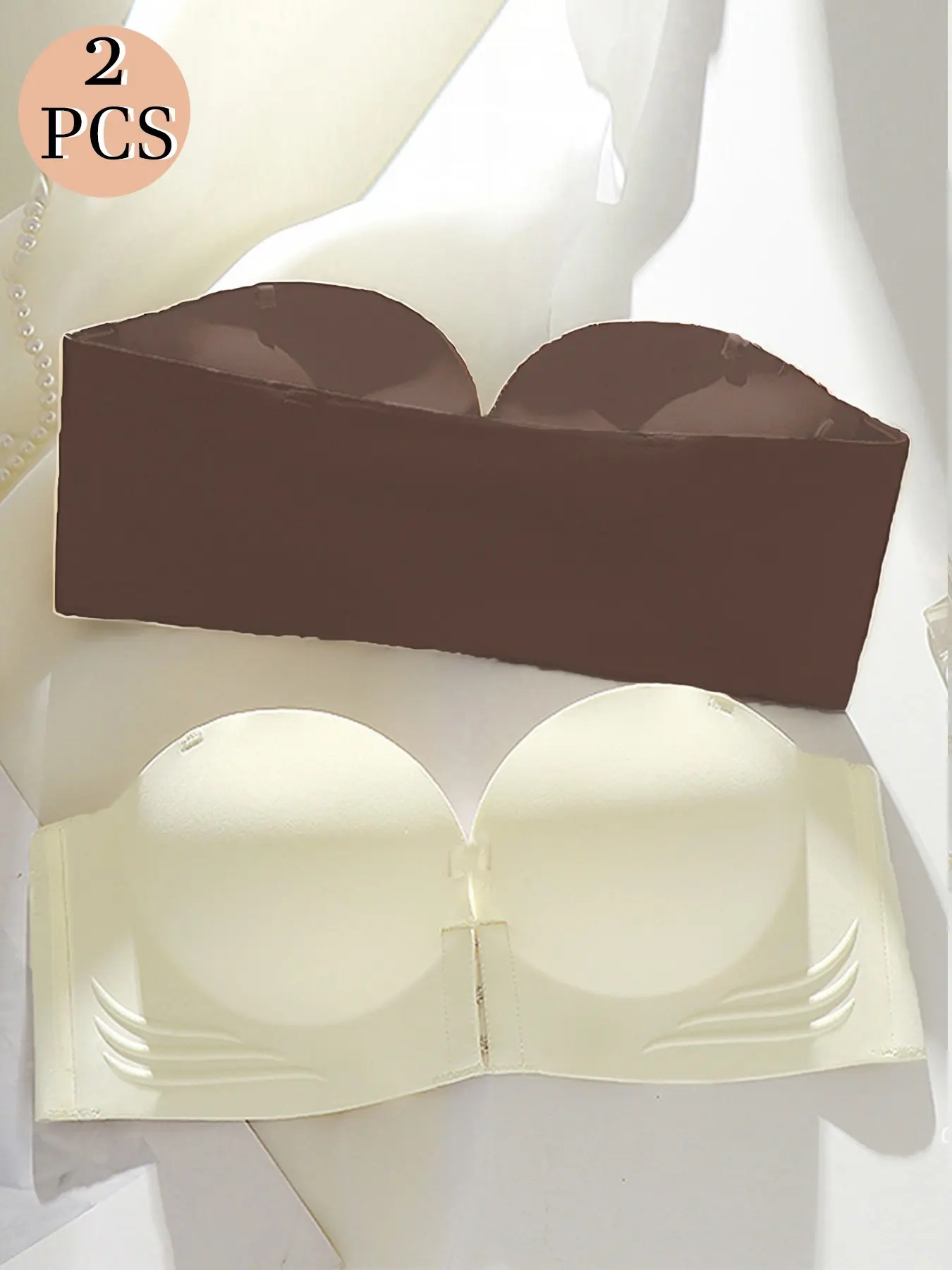 2-Pack Women's Strapless Front-Clasp Bra, Invisible Bralette, Everyday, Seamless, Smooth, Thickened, Push-Up, Non-Slip, Wire-Free, No Underwire, Invisible, Summer Wear, Detachable Straps, Soft and Comfortable, Fit