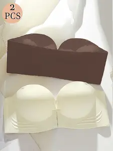 2-Pack Women's Strapless Front-Clasp Bra, Thickened, Push-Up, Non-Slip, Wire-Free, Invisible, Summer Wear, Detachable Straps, Soft and Comfortable