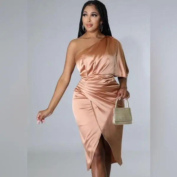 Cupshe Lux Satin One Shoulder Glam Apricot Dress Size M