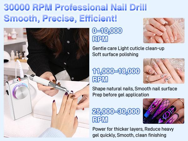 Electric Nail Drill 30000 RPM Brushless Motor, Rechargeable Professional Nail File with Battery & LED Display, Quiet Low-Vibration Nail Drill with 12 Bits for Manicure & Pedicure
