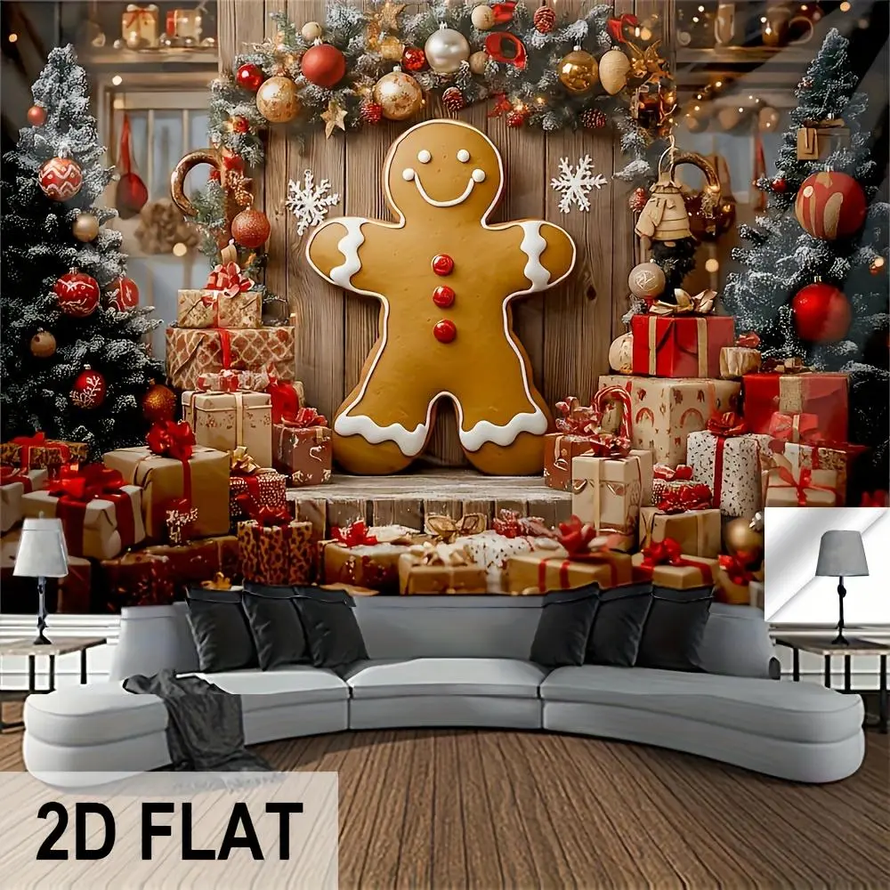 2D Flat Printing Christmas Gingerbread Man Wall Tapestry - Non-Toxic, Durable, Machine Washable Hangable Wall Hanging, Peach Light Velvet Fabric with Gingerbread House, Candy Canes, Presents, Festive Holiday Backdrop for Living Room Christmas Decor